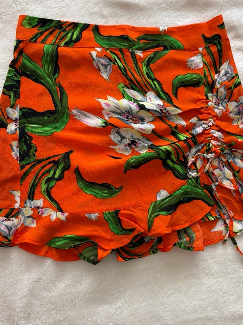 Zara Orange Mini Skirt with Green Tropical Leaf & White Floral Print